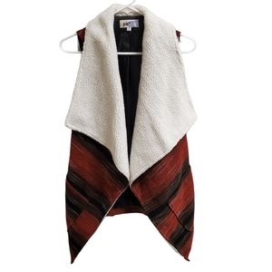 Jolt Sherpa Striped Wool Blend Vest Rust Red Black Brown Open Front Pockets S